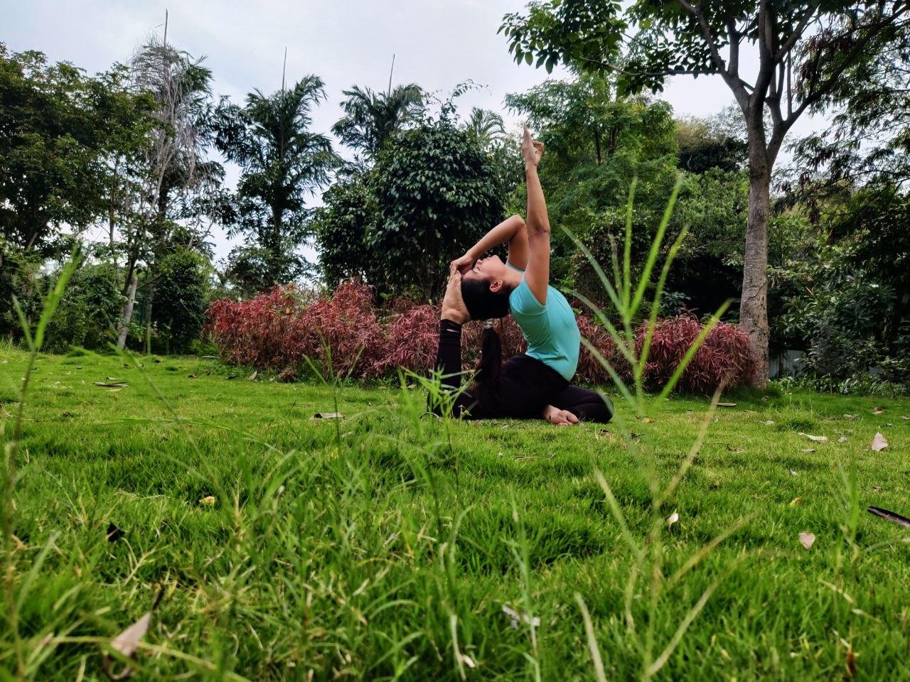 Dimple — pigeon pose on grass